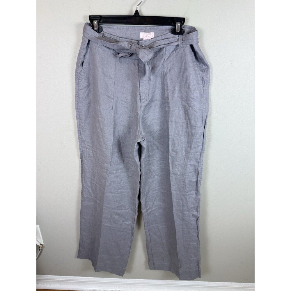ST TROPEZ West Size 12 Grey 100% Linen Wide Leg Resort Pants Pockets Lounge